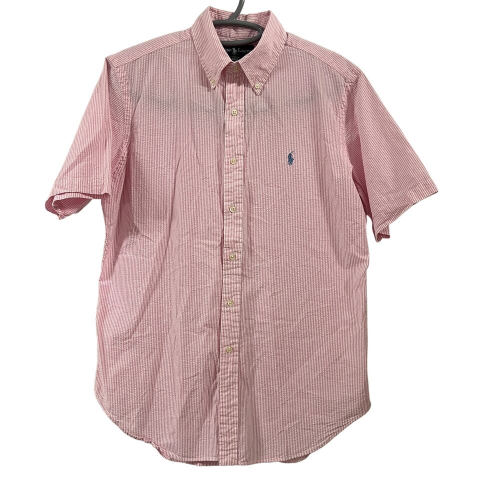 Ralph Lauren Button Up Shirt M Classic Fit Pink White Stripped‎ Textured Pony